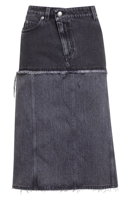 Shop Alexander Mcqueen Two-tone Low Rise Denim Midi Skirt In Black Stonewashed