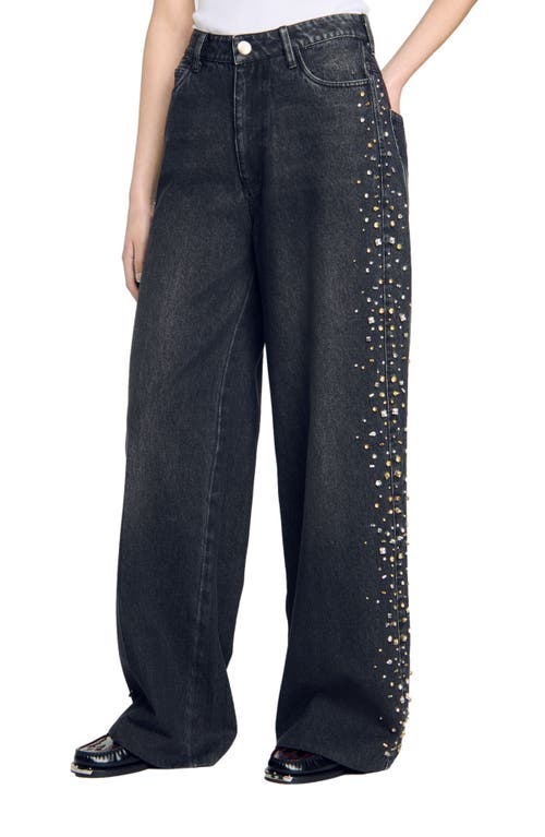 Shop Sandro Wide-leg Rhinestone Jeans In Black