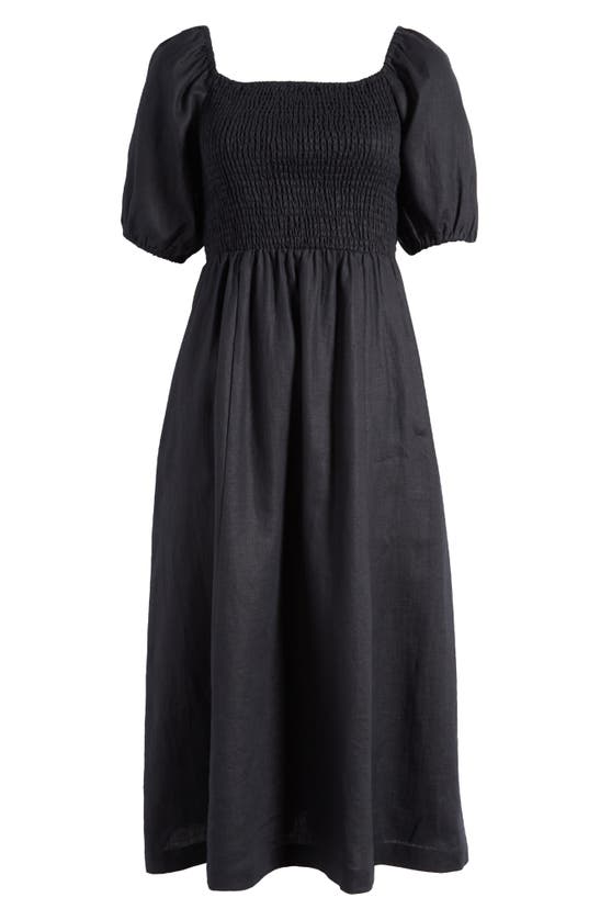 Shop Boden Sky Smocked Short Sleeve Linen Midi Dress In Black