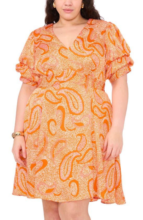 1.state Abstract Print Bubble Sleeve Minidress In Russet Orange