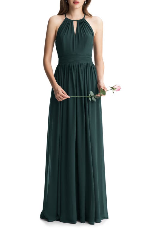 #Levkoff Keyhole Neck Chiffon A-Line Gown in Evergreen