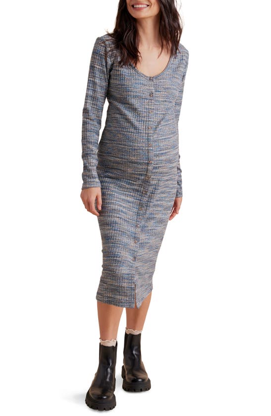 Shop A Pea In The Pod Rib Button Up Long Sleeve Midi Maternity/nursing Dress In Blue Space Dyed Multi