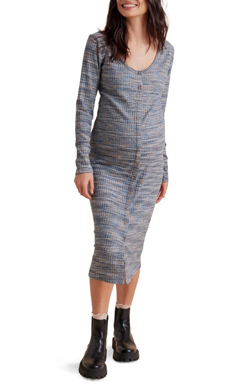 Rib Button Up Long Sleeve Midi Maternity/Nursing Dress in Blue Space Dyed Multi