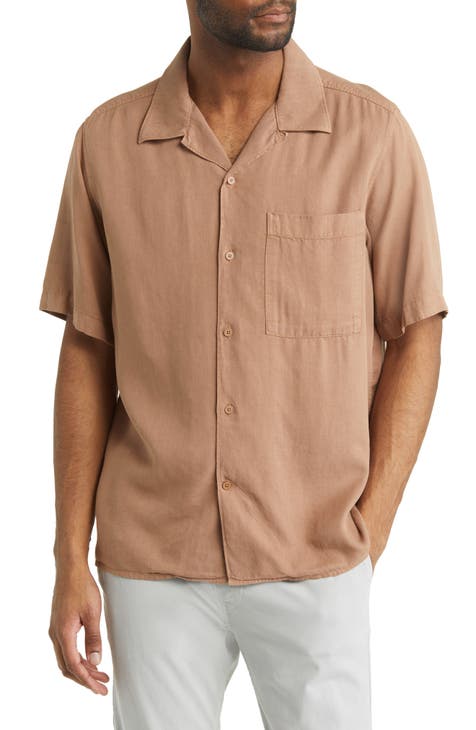 New Look Textured Camp Collar Shirt in tan-Brown