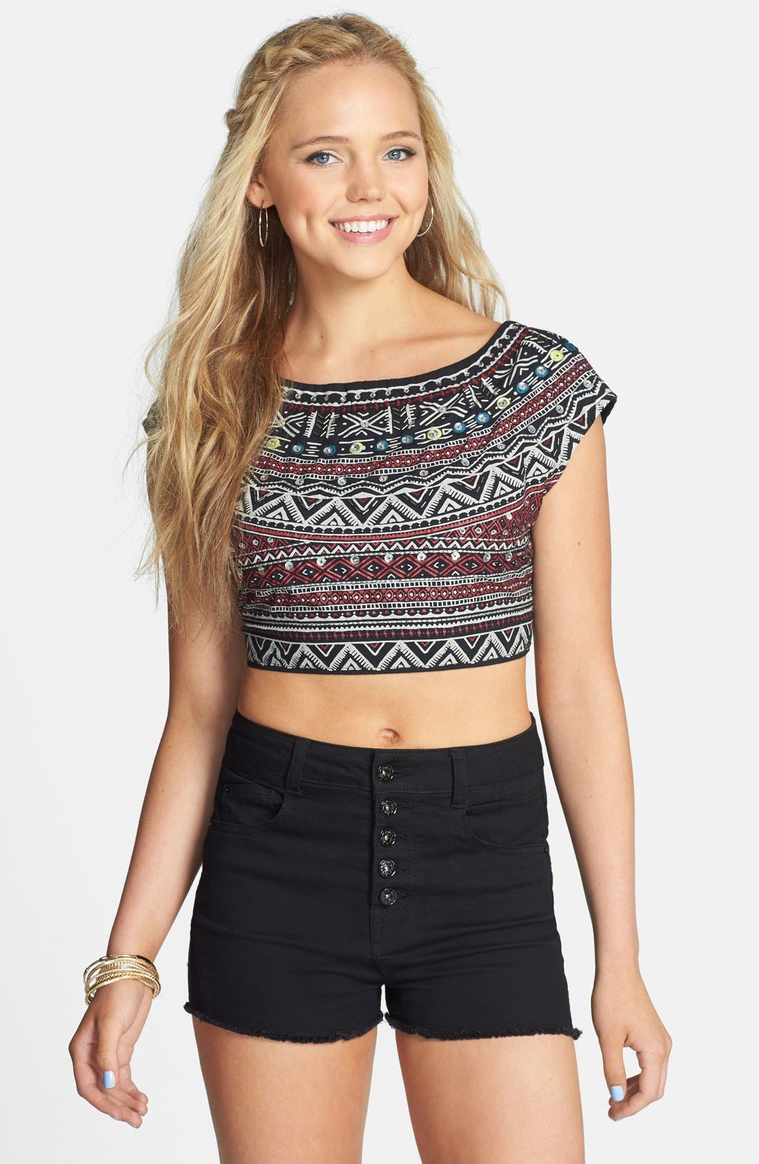 Billabong 'Blazing Bonfire' Embellished Print Crop Top (Juniors