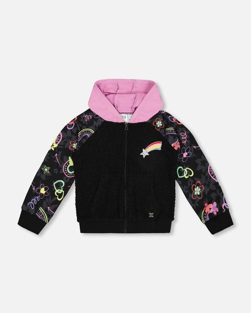 Shop Deux Par Deux Little Girl's Bi-material French Terry And Soft Fleece Zip Hoodie Black In Printed Hearts & Rainbows