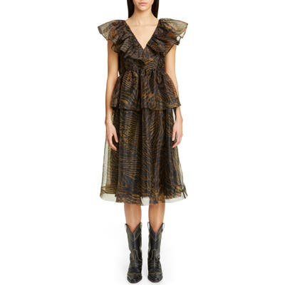 Ganni Tiger Print Organza Midi Dress, Brown