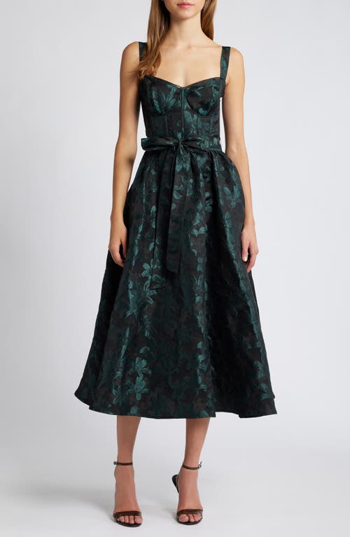 Shop Lulus Floral Jacquard Bustier Sleeveless Midi Dress In Black/shimmer Emerald