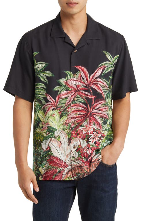 Tommy Bahama Midnight Haven Frond Print Short Sleeve Silk Button-Up Shirt in Black at Nordstrom, Size Medium