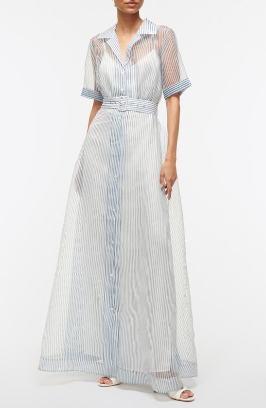 Shop Staud Stripe Short Sleeve Maxi Shirtdress In Ivory Micro Stripe