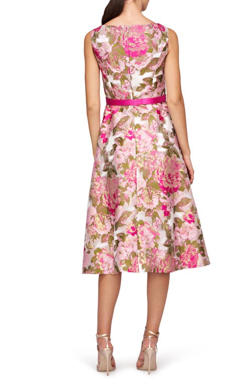 Shop Kay Unger Miriam Belted Brocade Midi Dress In Wild Raspberry