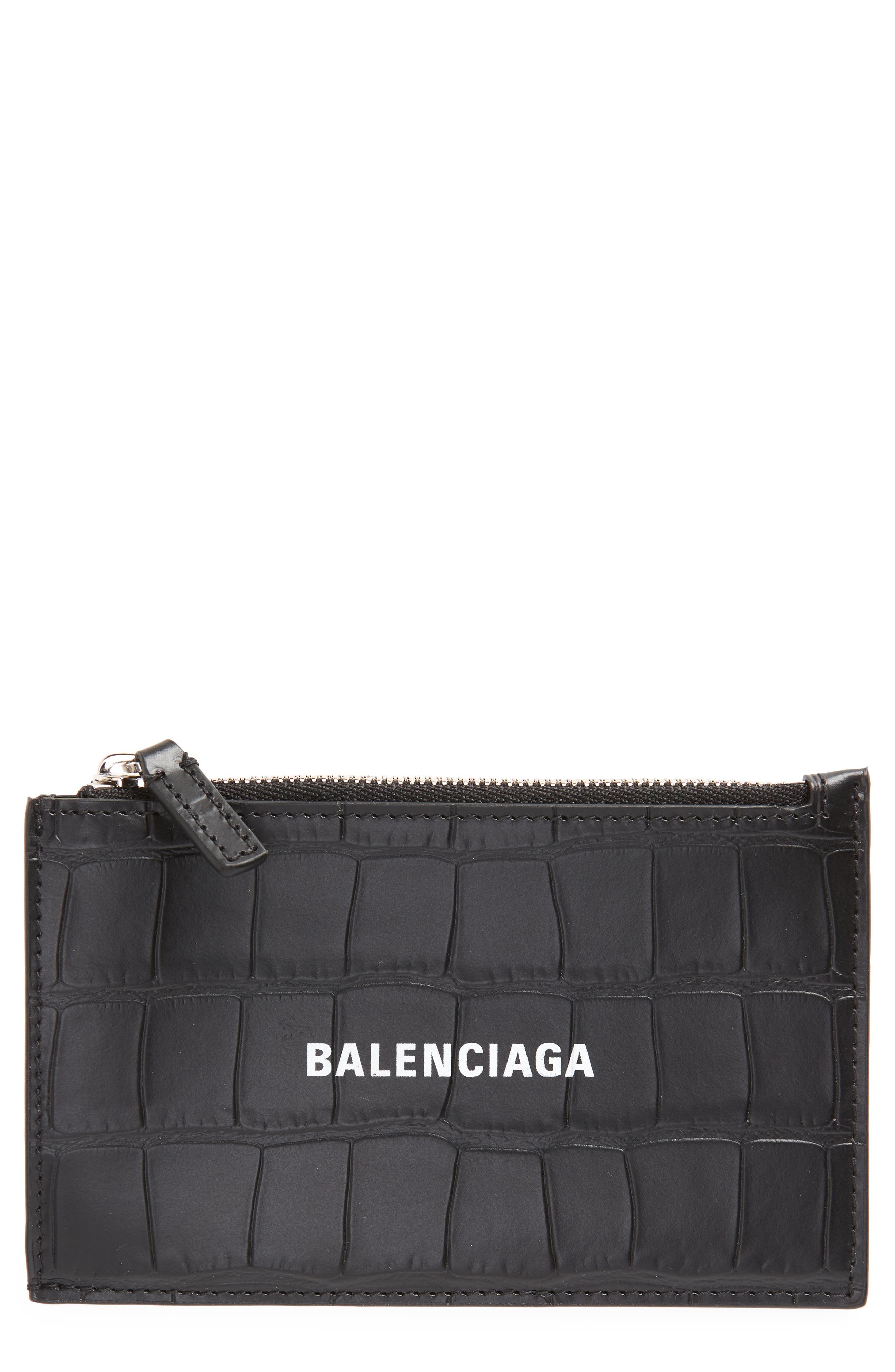 Balenciaga Logo Croc Embossed Leather Zip Card Case in Black at Nordstrom
