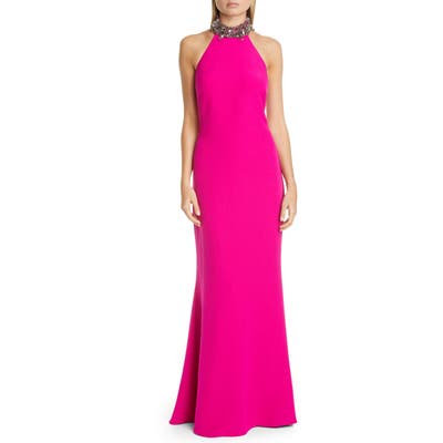 Badgley Mischka Embellished Halter Trumpet Gown, Pink