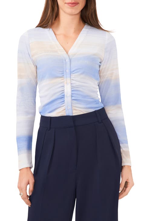 Ombré Rouched Mesh Button-Up Top