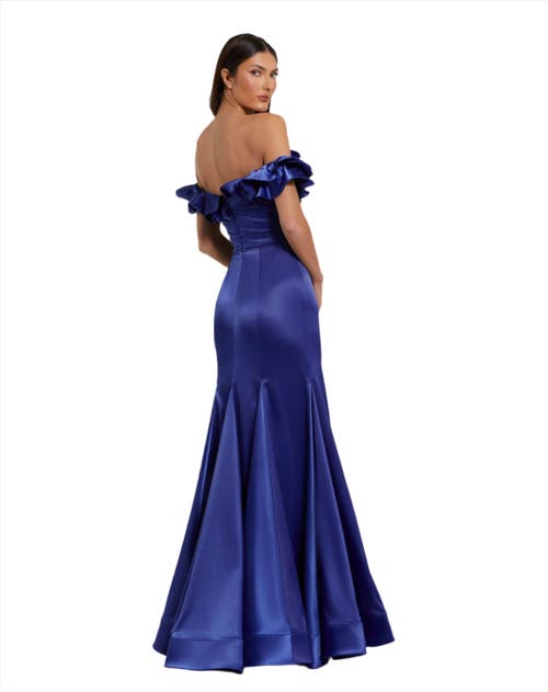 Mac Duggal Satin Ruffle Detail Off The Shoulder Mermaid Gown In Cobalt