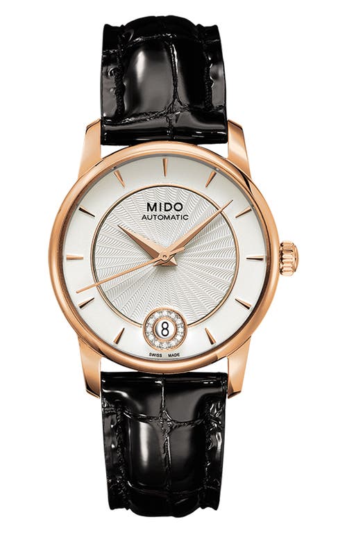 Shop Mido Baroncelli Diamond Automatic Leather Strap Watch, 33mm In Silver/black