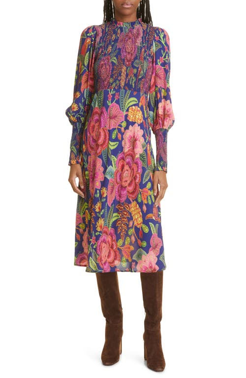 FARM Rio Macaw Bloom Floral Smocked Mock Neck Juliet Sleeve Dress in Macaw Bloom Navy Blu