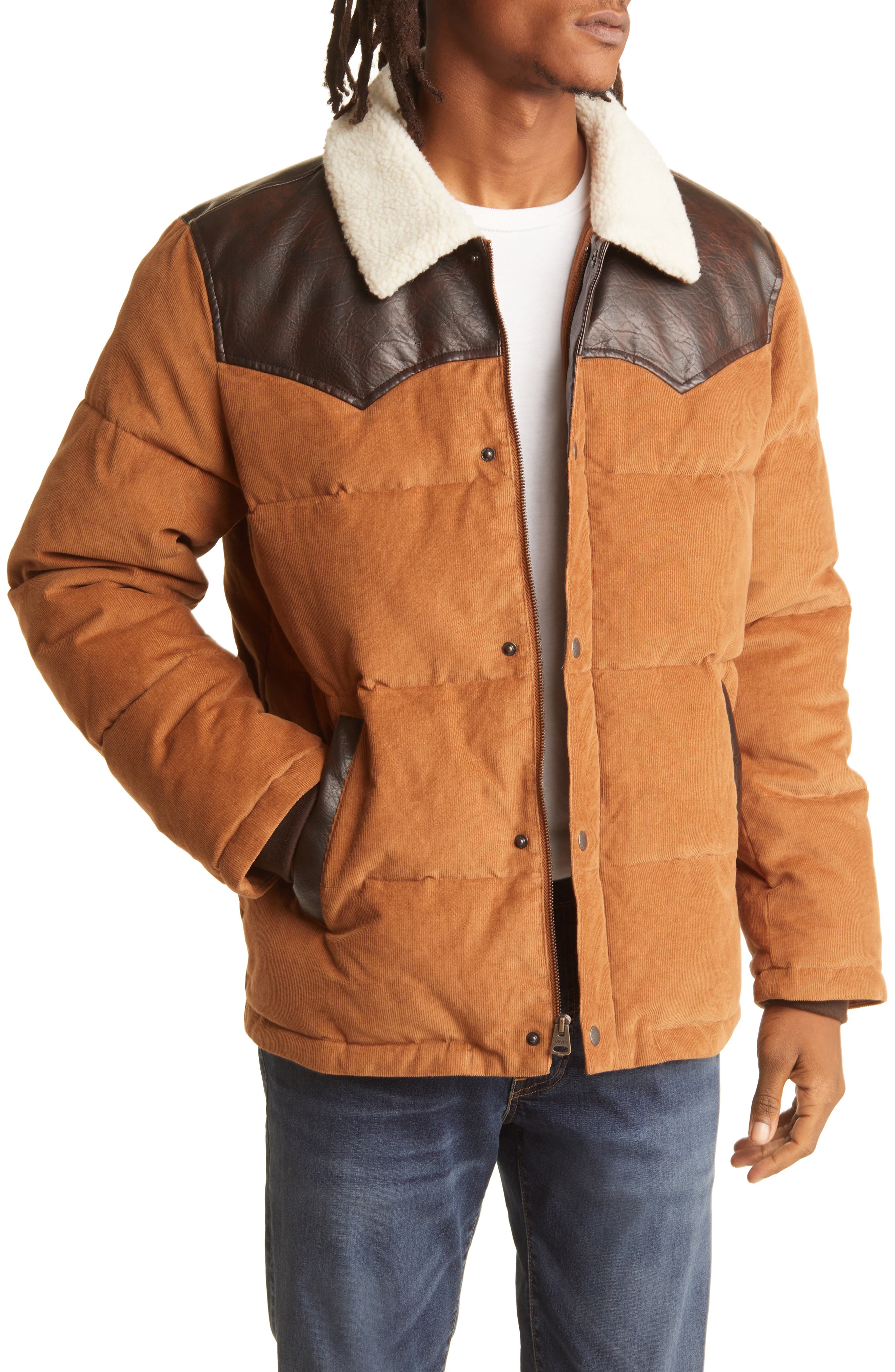 levi's Yellowstone Western Corduroy Puffer Jacket with Faux Shearling &  Faux Leather Trim in Worker Brown Dark Brown Yoke | Smart Closet