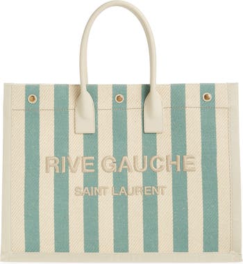 Saint Laurent Rive Gauche Small Tote Bag In Linen And Leather in Blue