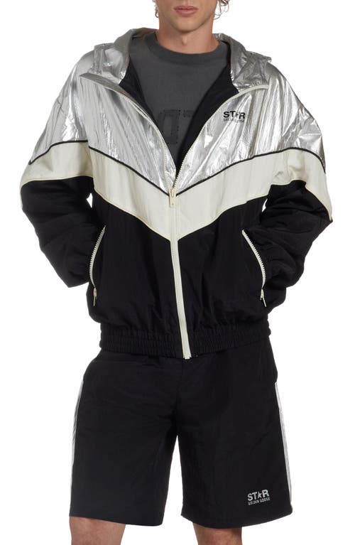 Shop Golden Goose Star Patchwork Windbreaker In Silver/dark Papyrus/black