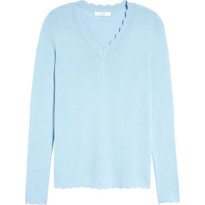 1901 Scallop Trim V-Neck Sweater, Blue