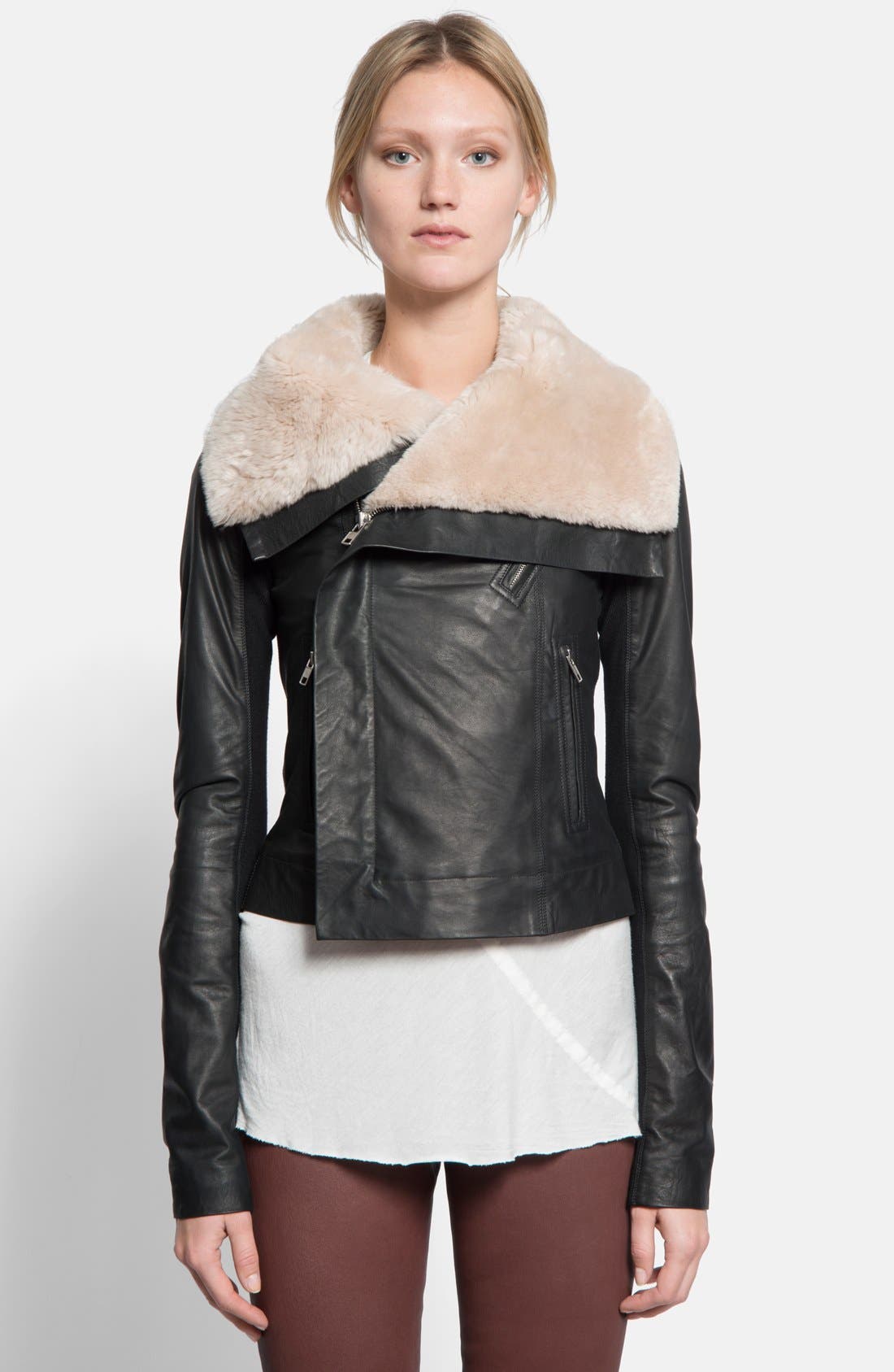 Rick Owens Leather Biker Jacket with Genuine Beaver Fur Collar Nordstrom
