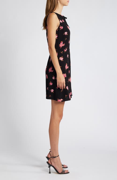 Shop Charles Henry Floral Bow Neck Fit & Flare Minidress In Black Ditsy