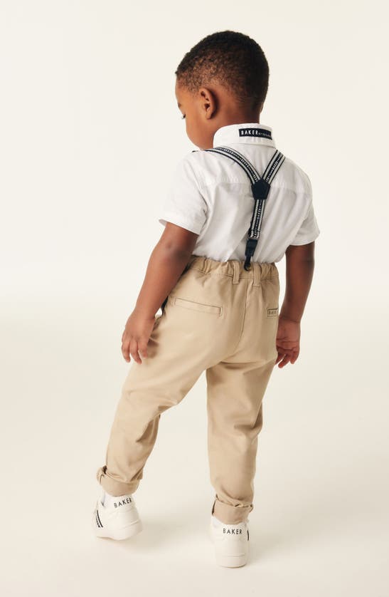 Shop Baker By Ted Baker Kids' Short Sleeve Button-up Shirt, Trousers & Suspenders Set In Natural
