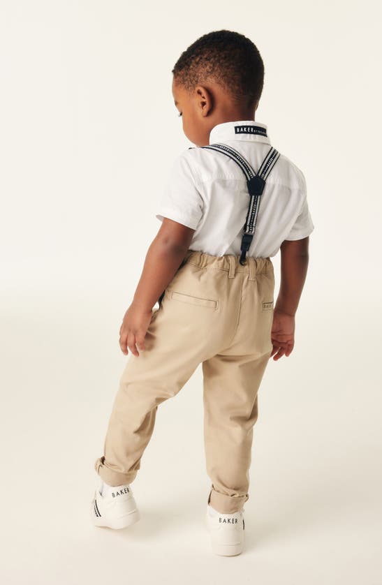 Baker By Ted Baker Kids' Short Sleeve Button-up Shirt, Trousers & Suspenders Set In Natural