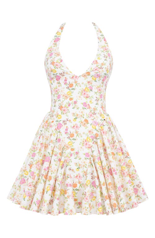 House Of Cb Valentia Plunge Halter Neck Stretch Cotton Minidress In Floral Print