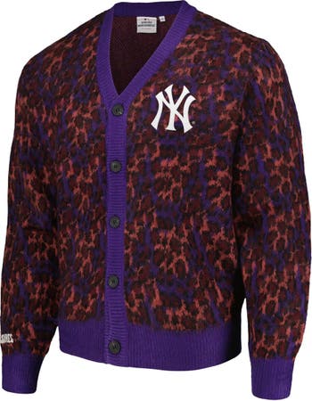 Men's PLEASURES Purple New York Yankees Cheetah Cardigan Button-Up Sweater