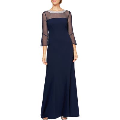 Petite Alex Evenings Beaded Illusion Neckline Gown, Blue