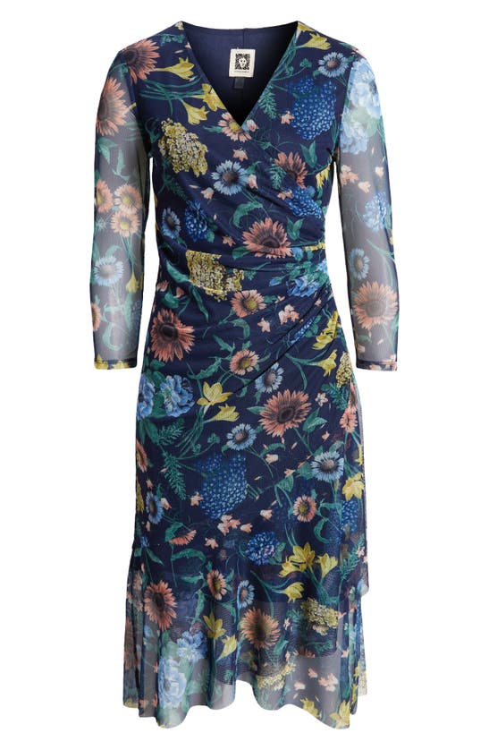 Shop Anne Klein Floral Faux Wrap Mesh Midi Dress In Navy Multi