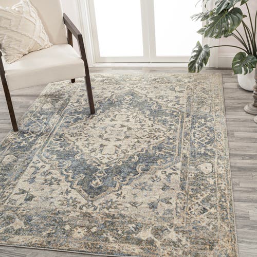 Jonathan Y Pavel Distressed Medallion Low-pile Machine-washable Area Rug In Blue/cream