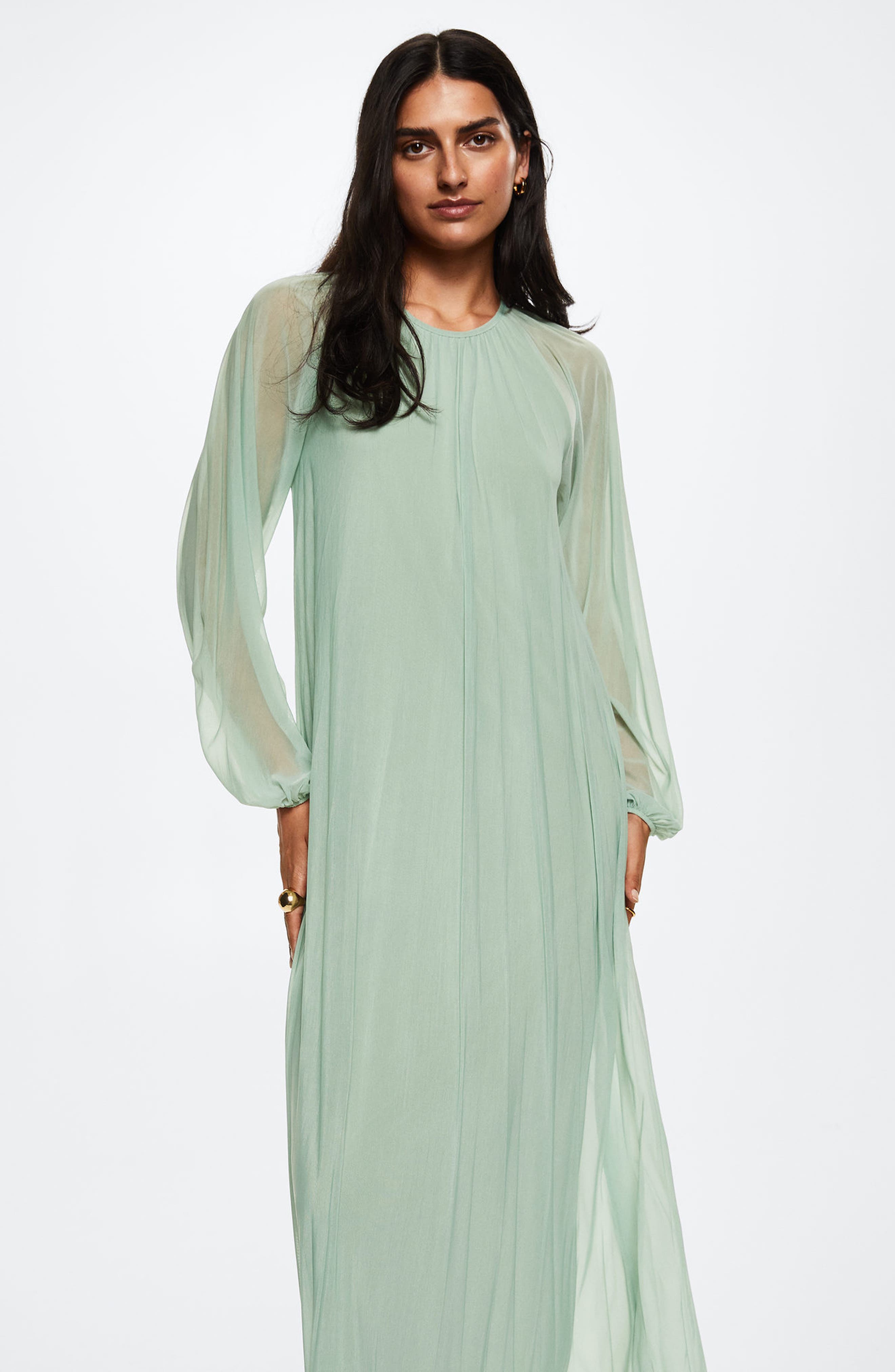 Mango - Sheer Fabric Dress Aqua Green - 10 - Women