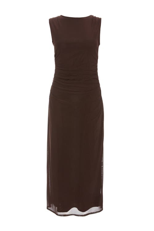 Shop Quiz Mesh Ruched Bodycon Maxi Dress In Brown