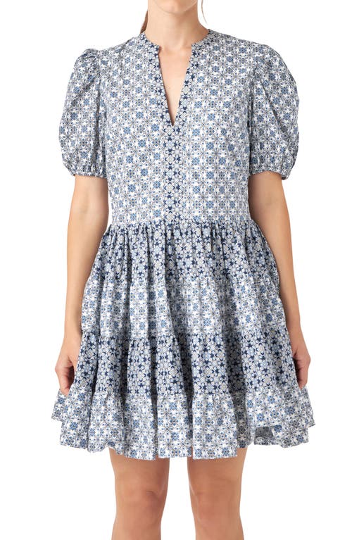 Shop English Factory Tile Print Tiered Cotton Dress In White/blue