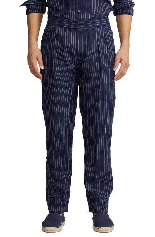Ralph Lauren Purple Label Glenn Pinstripe Cuff Hem Linen Trousers In Spring Navy/cream