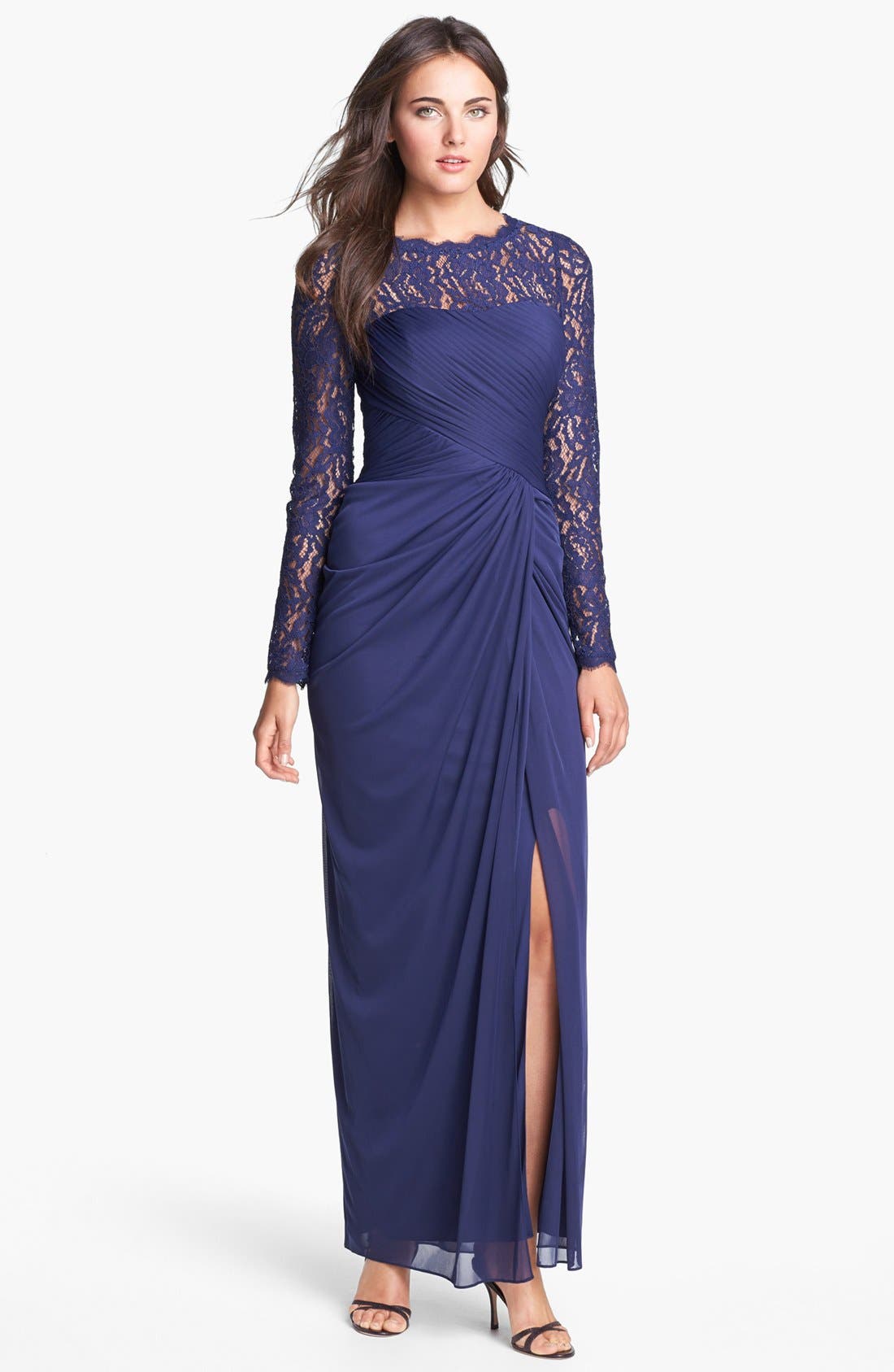 Adrianna Papell Illusion Sleeve Draped Mesh Gown Nordstrom