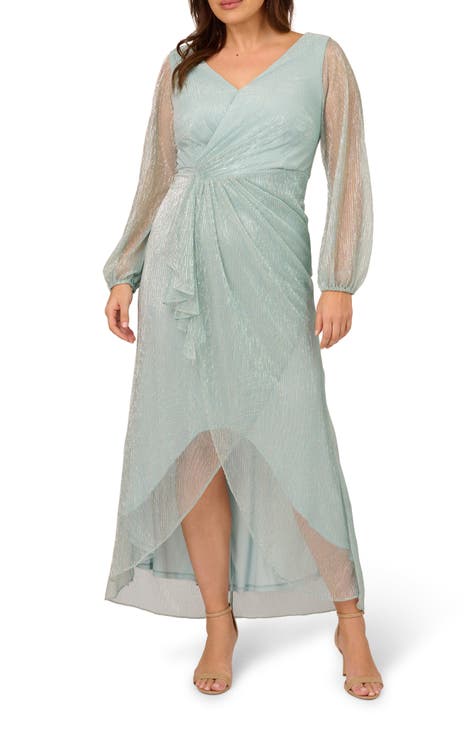 Metallic Long Sleeve Mesh High-Low Cocktail Dress (Plus)
