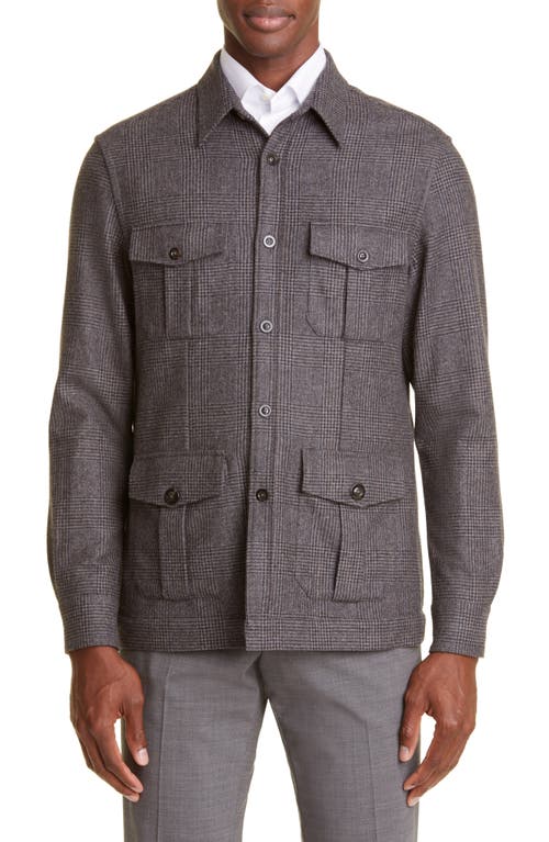 Boglioli Prince of Wales Plaid Wool Flannel Safari Shirt in Grey