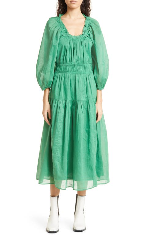 THE GREAT. The Moonstone Long Sleeve Cotton Dress in Bright Moss