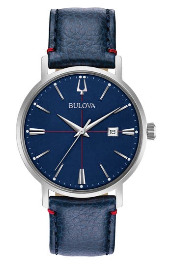Bulova Three Hand Quartz Leather Strap Watch, 39mm In Blue