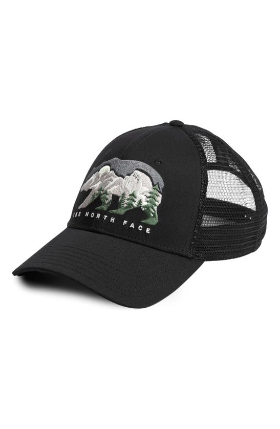 Shop The North Face Embroidered Logo Mudder Recycled Trucker Hat In Tnf Black/ Bear Graphic