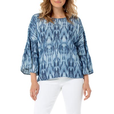 Liverpool Ikat Tiered Bell Sleeve Top, Blue