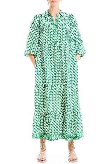Max Studio Crepe Tiered Maxi Dress In Green Diagonal Stripe Target