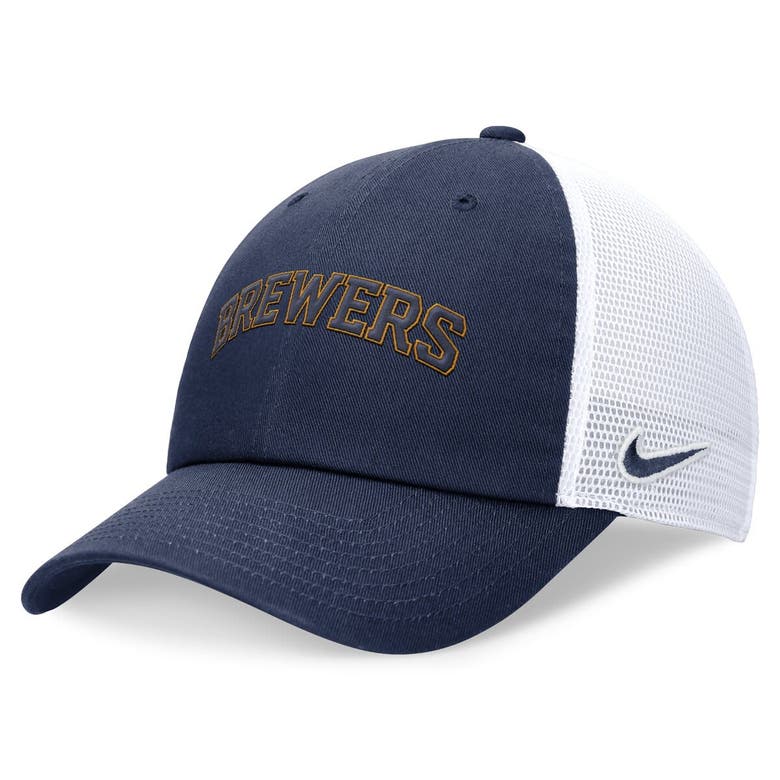 Nike Navy Milwaukee Brewers Evergreen Wordmark Trucker Adjustable Hat In Blue