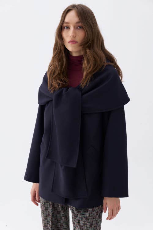 Nocturne Draped Coat With Front Tie Detail In Navy Blue