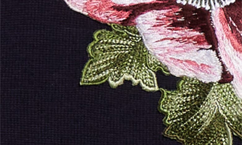 Shop Oscar De La Renta Embroidered Poppy Wool Cardigan In Navy/ Pink