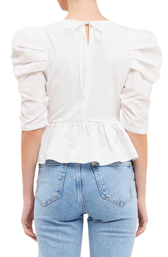English Factory Pleated Puff Sleeve Peplum Blouse In White
